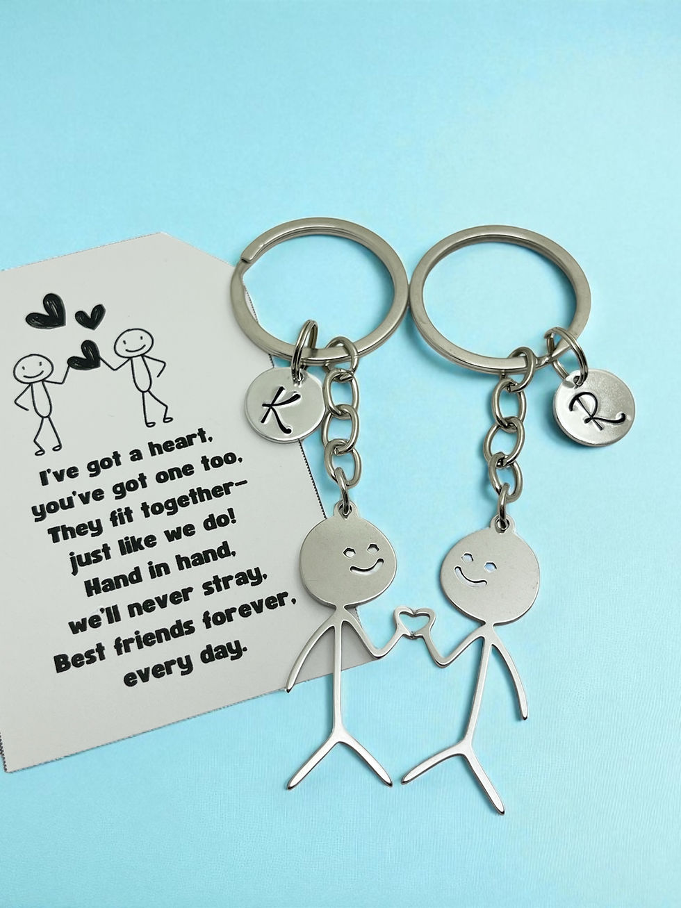 best friends keychain set stick figures with interlocking heart initial charm