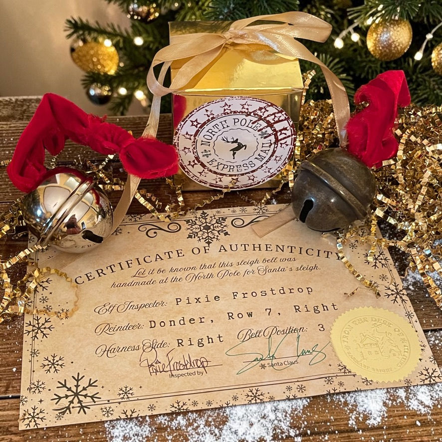 Polished Silver or Antique Bronze North Pole Express Santa's Sleigh Bell with Signed Certificate of Authenticity