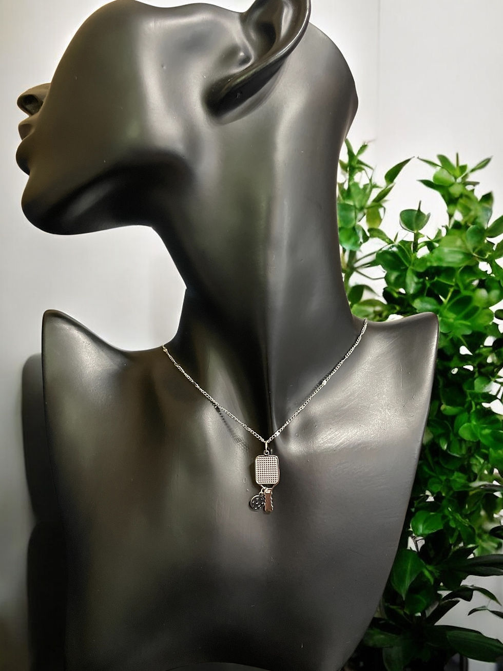 Thumbnail: pickleball charm necklace, silver necklace with paddle and ball, in my pickleball era