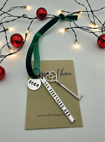 custom address new home ornament with silver key and green velvet ribbon