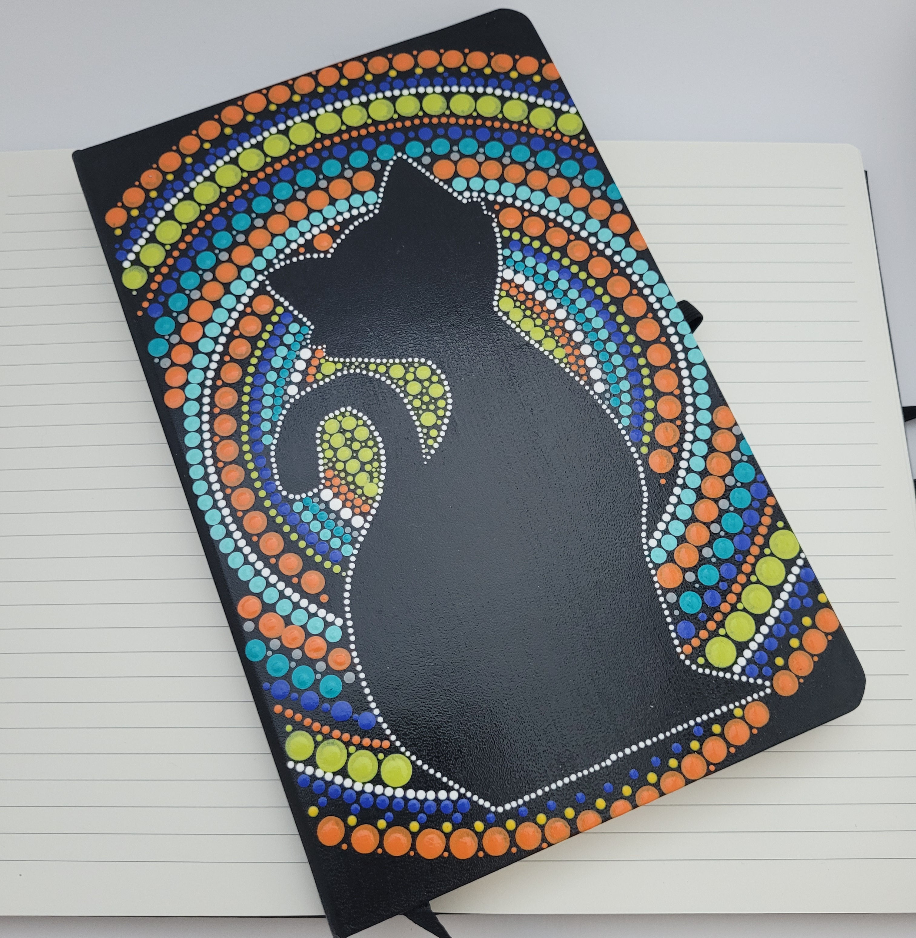 Mandala decorated black notebook with cute cat theme