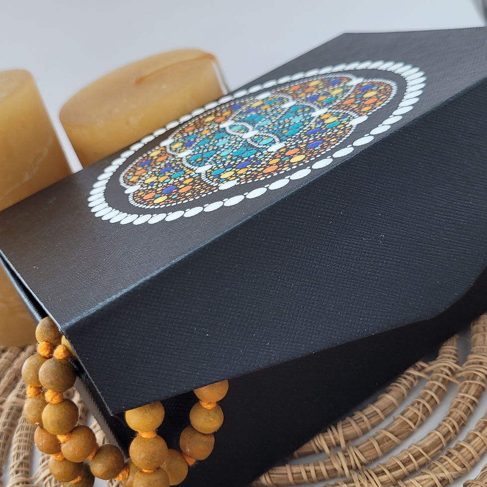 Thumbnail: Details of black carboard box finely decorated with mandala dotting pattern