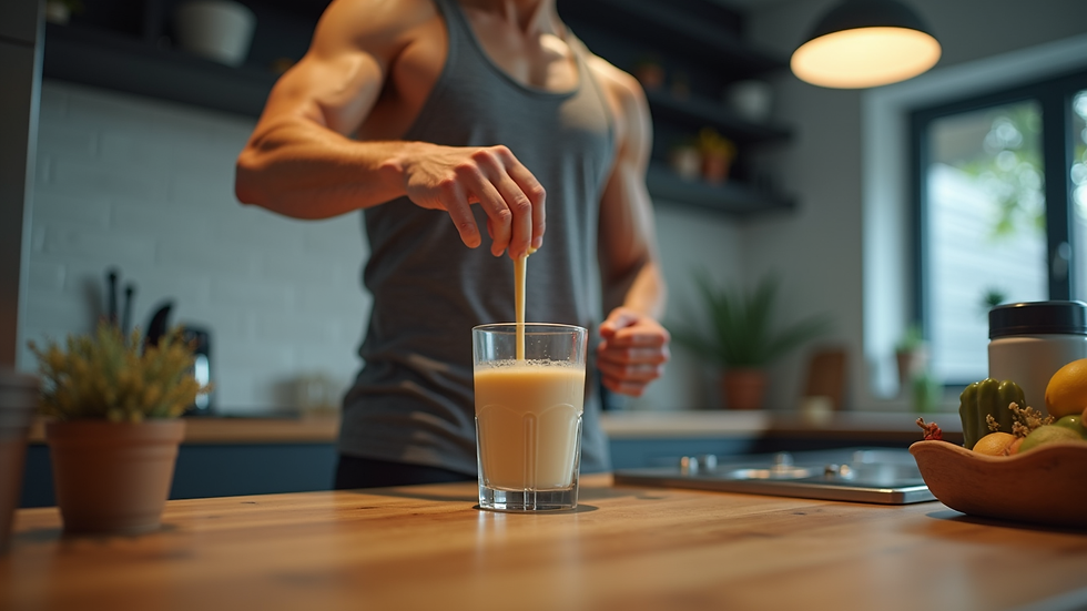 Eye-level view of a fitness enthusiast preparing a protein shake in a kitchen
