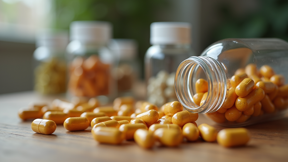 Close-up view of a variety of dietary supplements on a wooden table