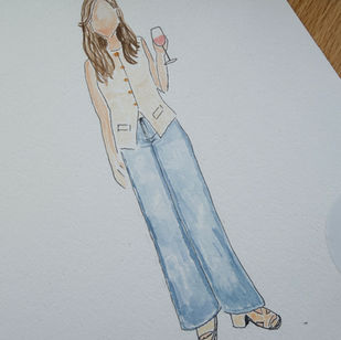 A hand-painted watercolor fashion illustration of a woman wearing a white top and denim created on fine artist paper. Designed by Amanda Elliott of Letters from Elliott, Iowa & Chicago.