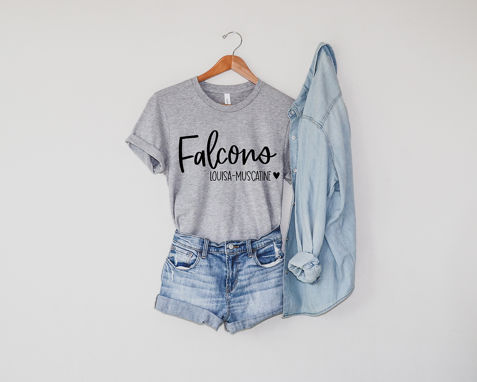 Thumbnail: Grey Louisa-Muscatine Falcons t-shirt on hanger with denim jacket, showcasing the stylish and soft Bella + Canvas 3001 shirt