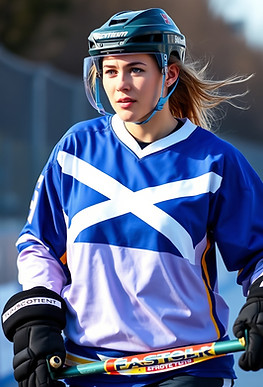 female street hockey player wearing a Team Scotland jersey with the Scotland Flag as the l