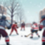 Street hockey game taking place outdoors in the winter time in the 1970's. It's snowing.jp