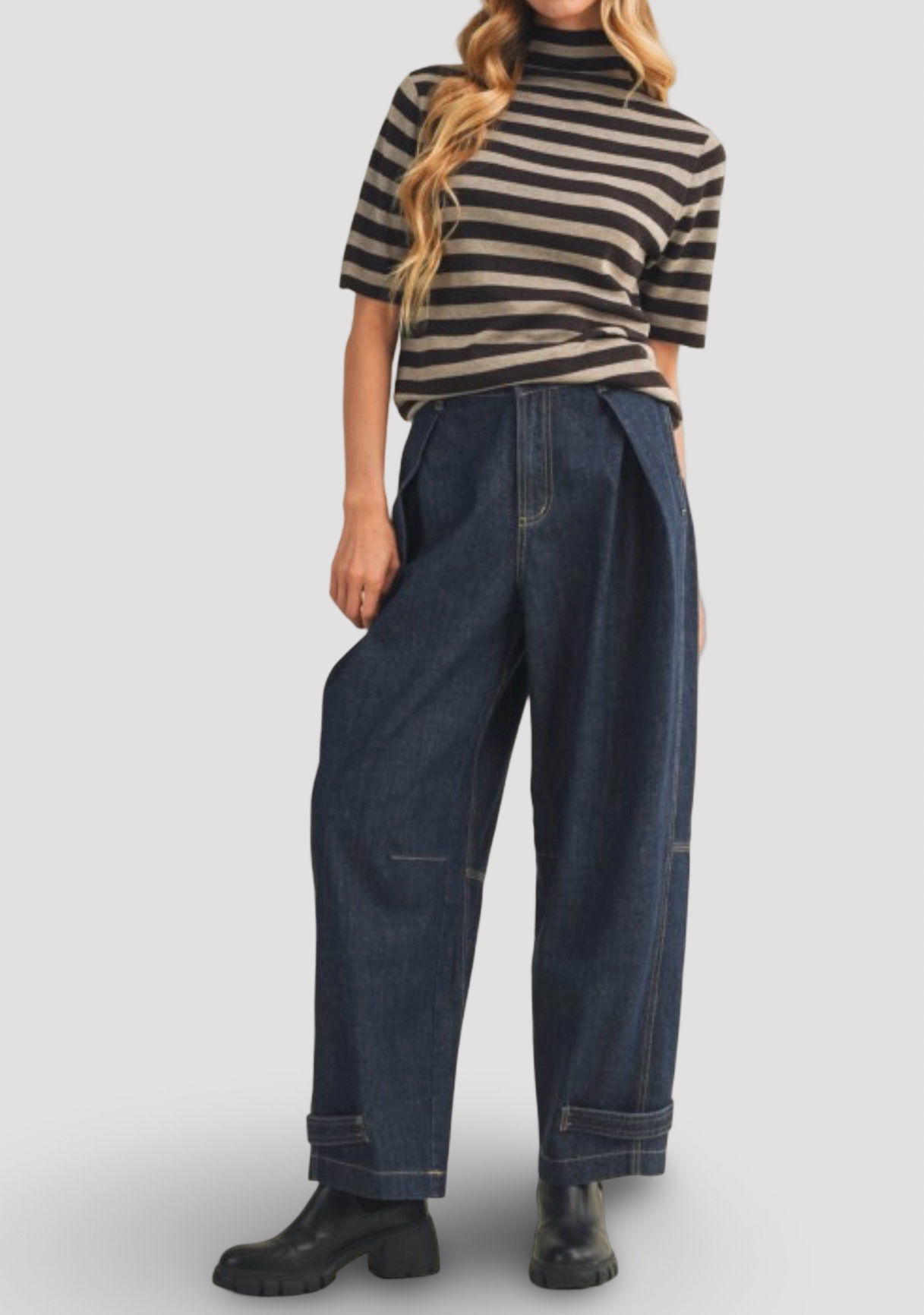 Denim pleated barrel trousers 