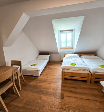 Čtyřlůžkový turistický pokoj s výhledem do přírody.