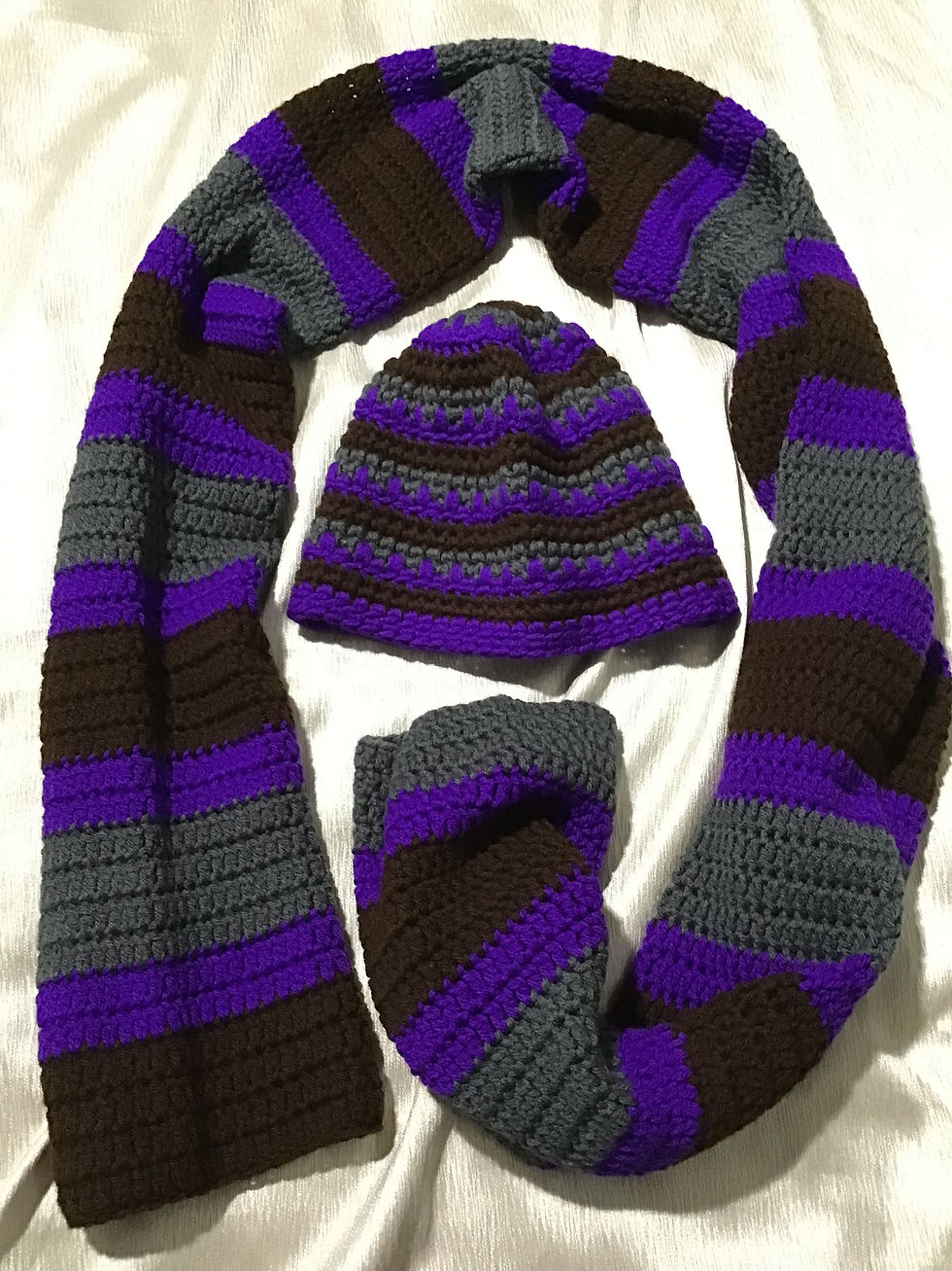 Thumbnail: Chocolate Grey And Purple Hat Scarf Set