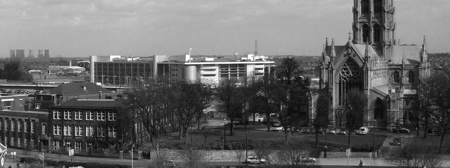 Colour image of the view over Doncaster inclding The Minster Church of St George and Donca