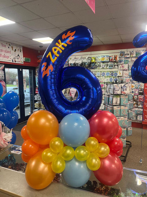 Zak's 6th birthday: blue number six balloon with colorful base