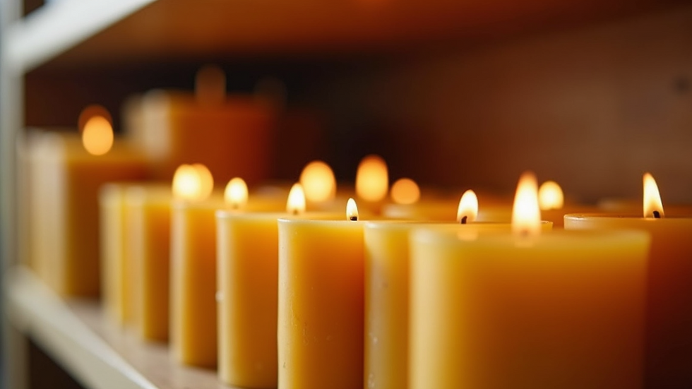 Eye-level view of beeswax candles displayed on a wooden shelf