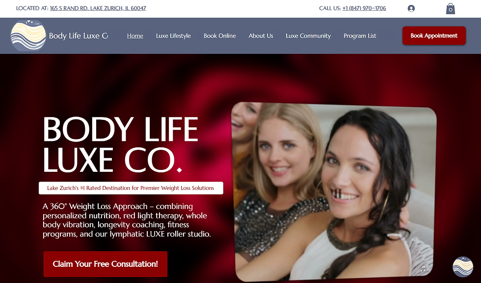 Two smiling women in a promotional image for Body Life Luxe Co., advertising weight loss solutions. Red background with contact info.