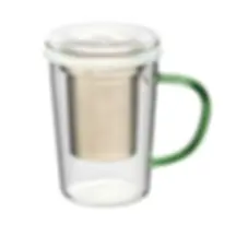 Clear glass green handle tea steeping mug