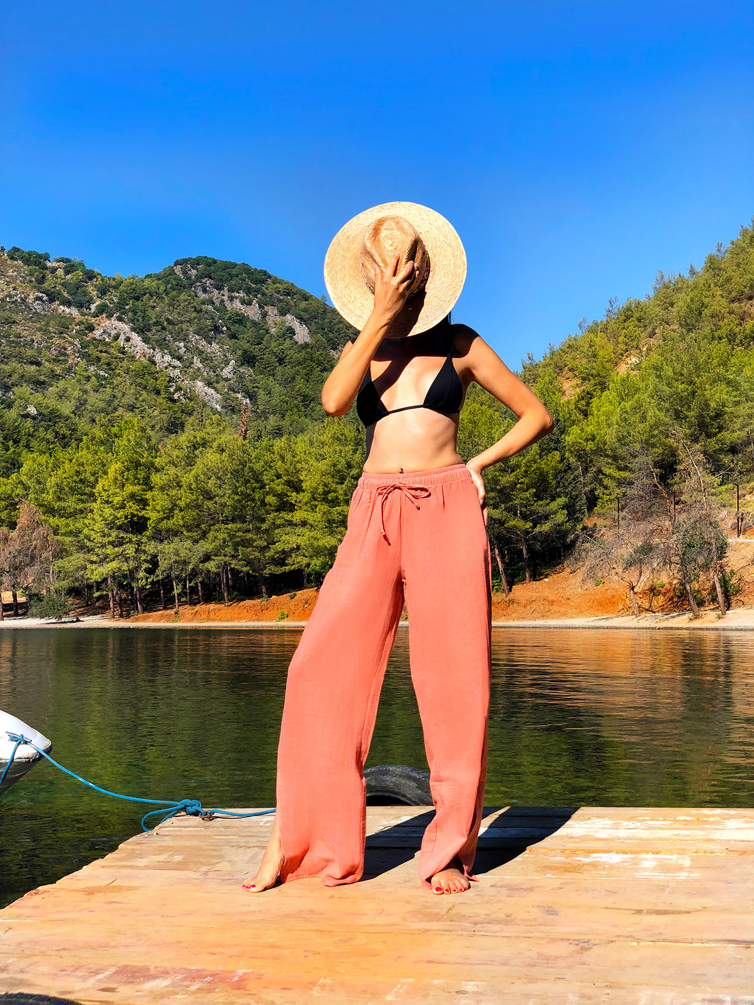 Soft Terracotta Muslin Pants with Elastic Waist Belt