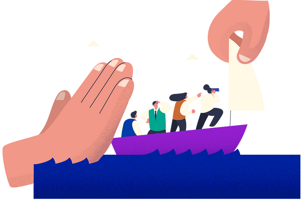 협동하여 배를 젓는 팀원들을 형상화한 조직 활성화 일러스트