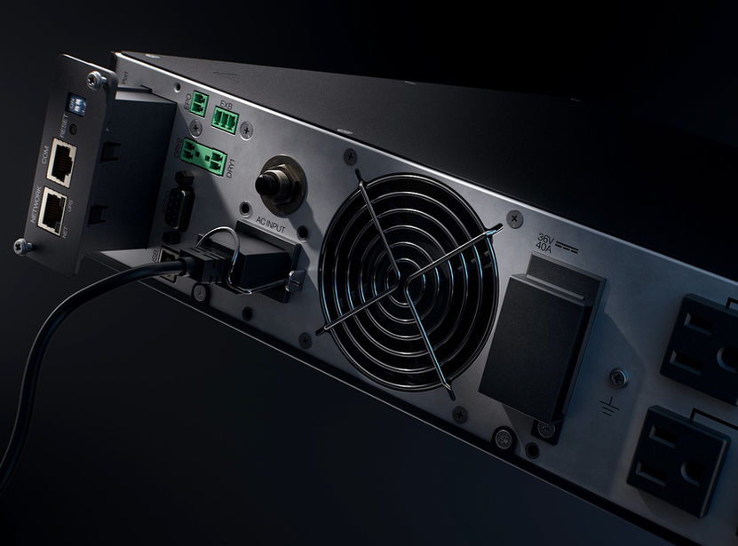 Rear view of NEXSYS UPS with fan and outlets