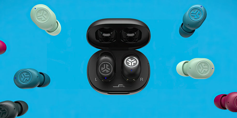 Photorealistic 3D rendering of wireless earbuds with charging case on a blue background.