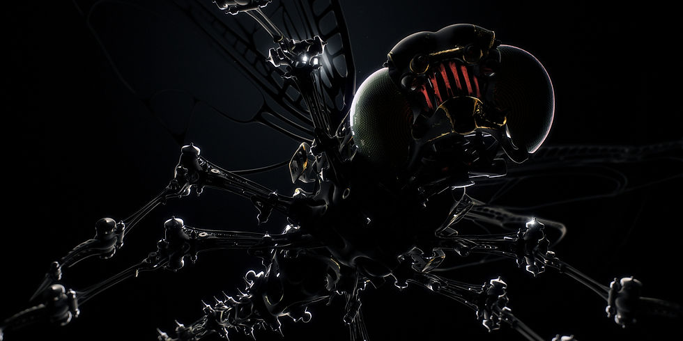 Dark photorealistic CGI rendering of a futuristic mechanical sphere with robotic arms — work by Transparent House