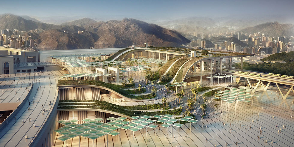 Large-scale architectural visualization of a futuristic urban development with green roofs, elevated walkways, and mountainous background, by Transparent House.