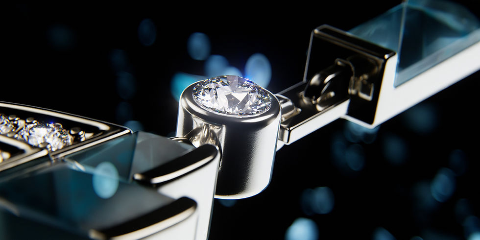 Photorealistic 3D rendering of luxury jewelry with diamonds and reflections, used to illustrate AI-driven 3D visualization pipelines.