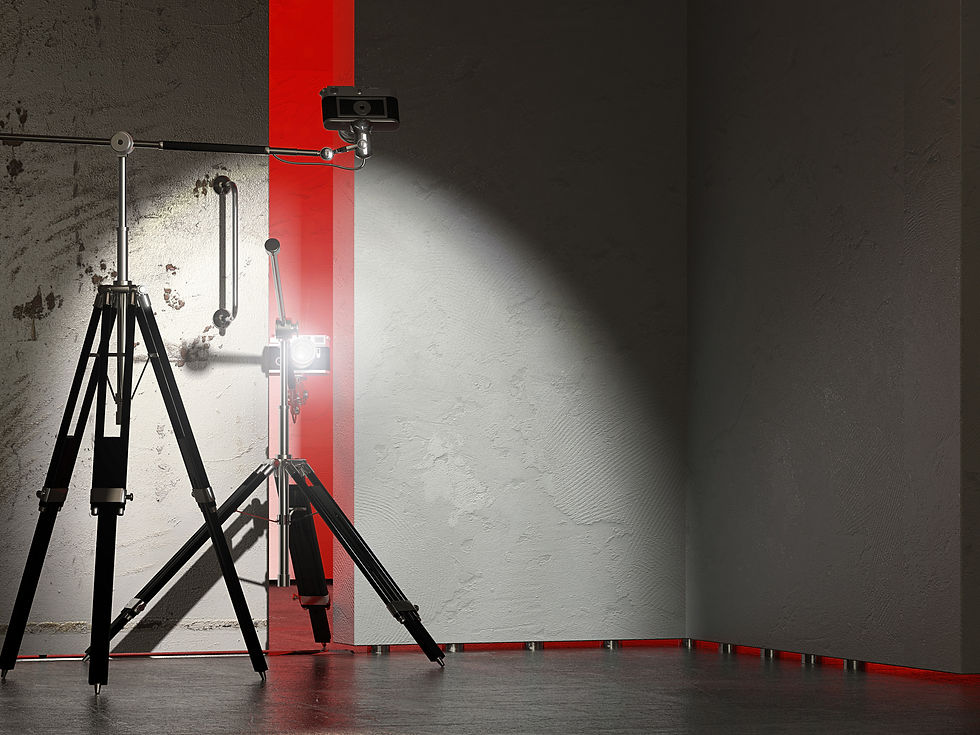 Studio render of tripod-mounted lamps casting directional light — visualizing fixture behavior and photorealistic shadows in CGI.