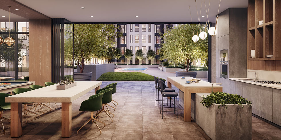 Realistic rendering of a communal indoor-outdoor kitchen and dining area with warm lighting and contemporary furnishings, part of the Atlas project by Transparent House.