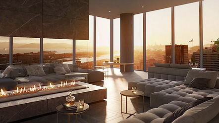 Luxurious penthouse living room with panoramic city views and modern fireplace at sunset