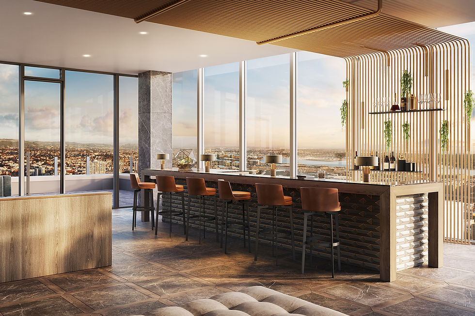 3D rendering of a contemporary restaurant interior by Transparent House, featuring panoramic city views, natural lighting, and modern dining layout for design planning.