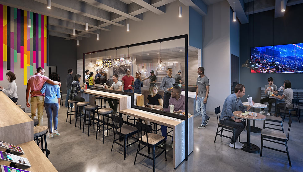 Photorealistic 3D rendering of a restaurant concept by Transparent House, featuring colorful decor, open dining hall, and hospitality design details for promotional use.
