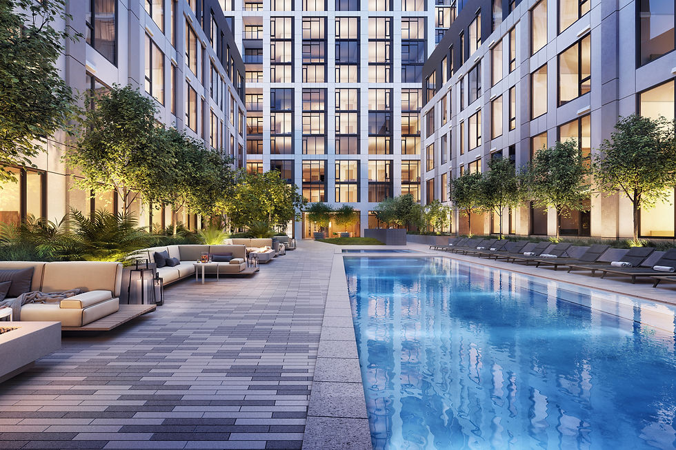 Photoreal 3D rendering of a luxury residential courtyard with a swimming pool and lounge seating surrounded by modern apartment buildings, created by Transparent House.