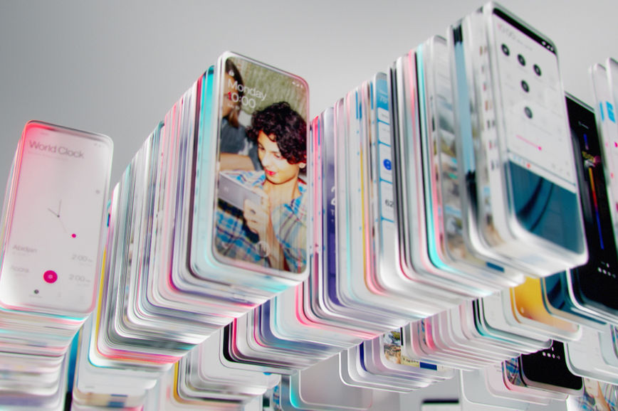 Stacked OnePlus N300 phones with photo screens arranged in a wave