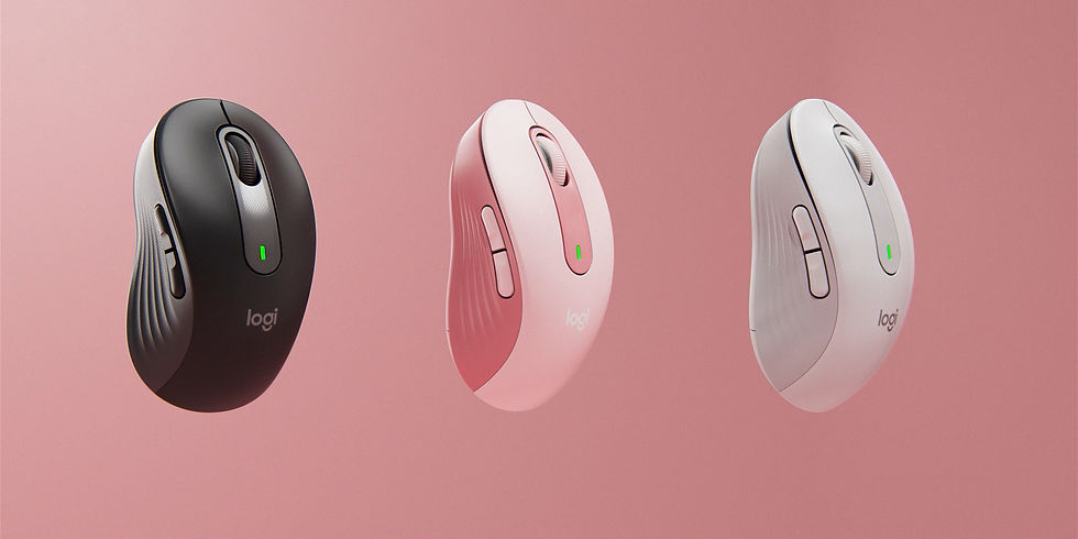 Photorealistic 3D rendering of three Logitech mice in different colors on a pink background, showing CGI adaptation for Instagram and TikTok ads.