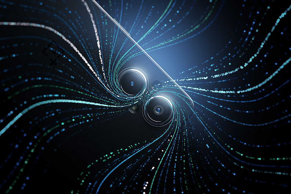 Futuristic 3D render of smartphone camera with swirling light trails — innovative visual concept for digital product presentation