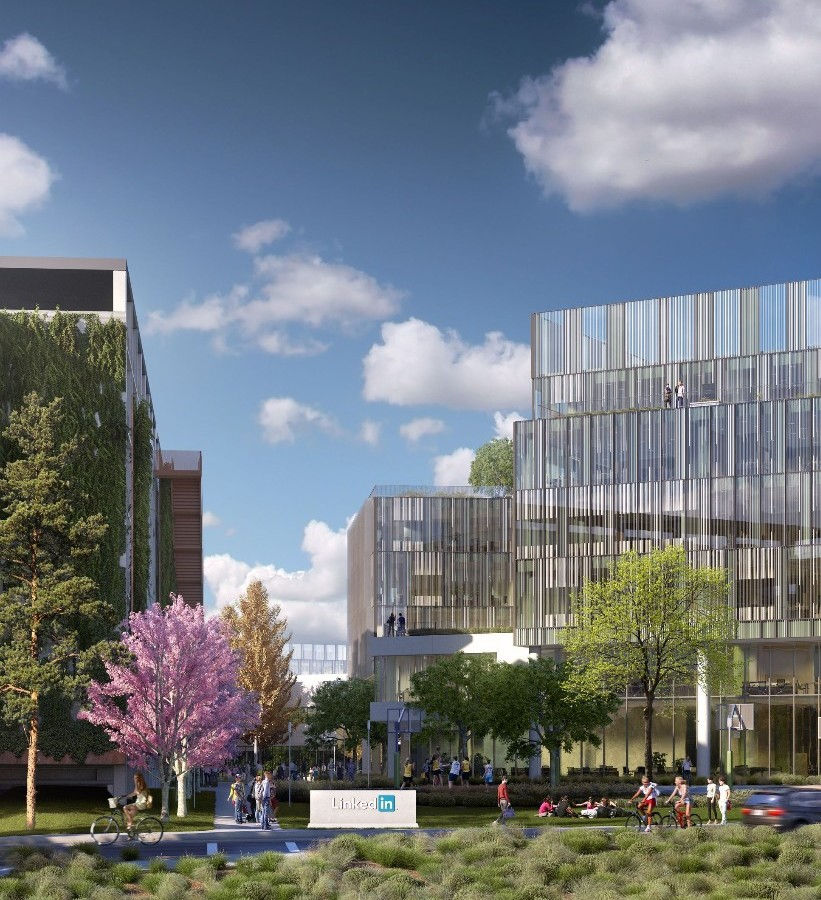 Architectural visualization of LinkedIn's modern corporate campus surrounded by greenery by Transparent House