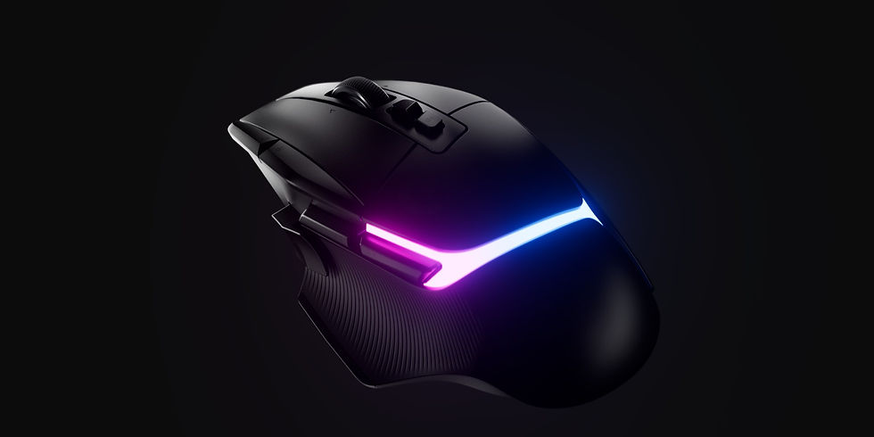 Photorealistic 3D rendering of a gaming mouse with RGB light accents — work by Transparent House