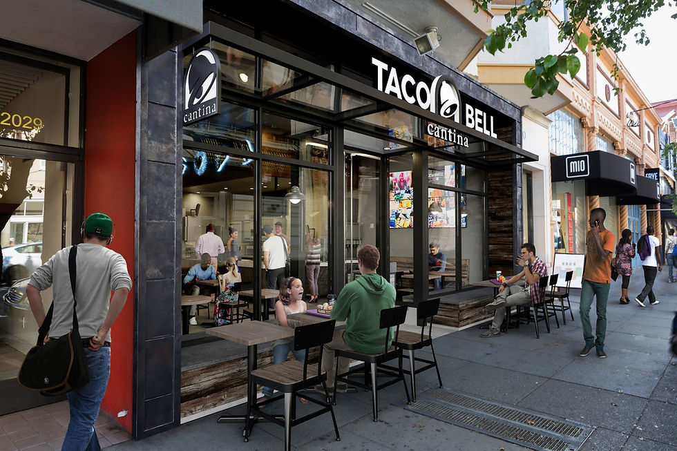 Photorealistic 3D rendering of a modern restaurant exterior by Transparent House, showing street view, signage, and dining ambiance for marketing visualization.