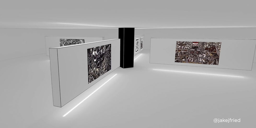Minimalist 3D virtual gallery space in OnCyber with digital artworks displayed in an immersive white exhibition environment