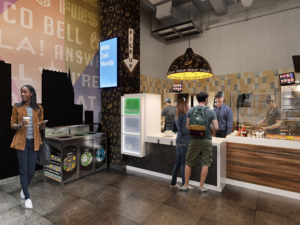 Interior 3D rendering of a fast casual restaurant by Transparent House, highlighting counter service area, signage, and customer-friendly dining design.