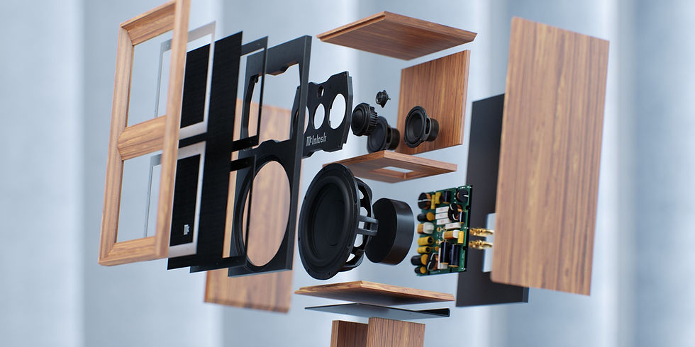 Photorealistic exploded 3D view of McIntosh speaker components, showcasing customization options and technical clarity achievPhotorealistic exploded 3D view of McIntosh speaker components, showcasing customization options and technical clarity achievable with CGI in e-commerce.able with CGI in e-commerce.