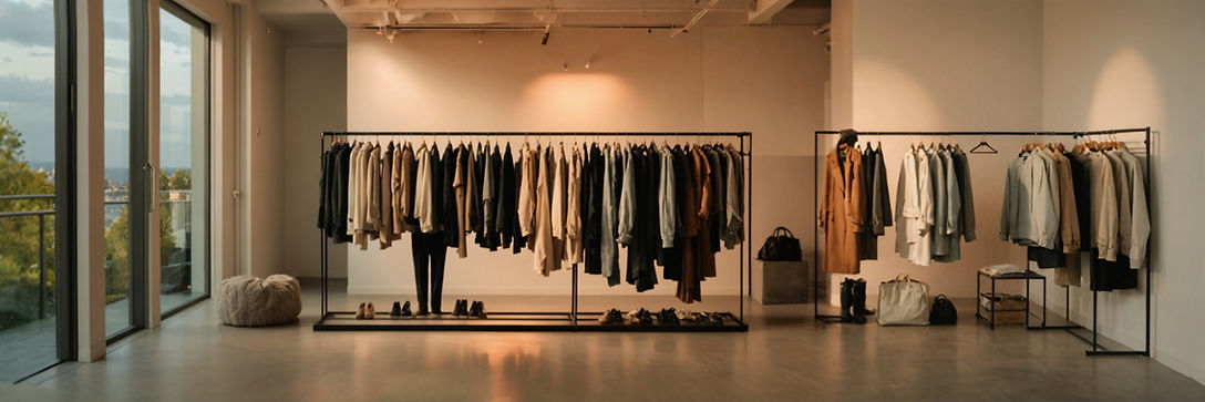 We see a showroom with a concrete floor and rails of contemporary clothing. It's early eve