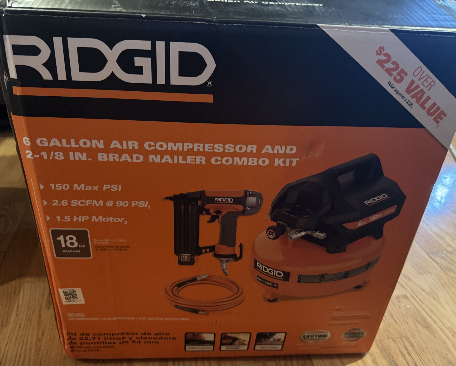 New-Ridgid 6 Gal 150 PSI Elec Pancake Air Compressor with 25ft air hose & 18GA