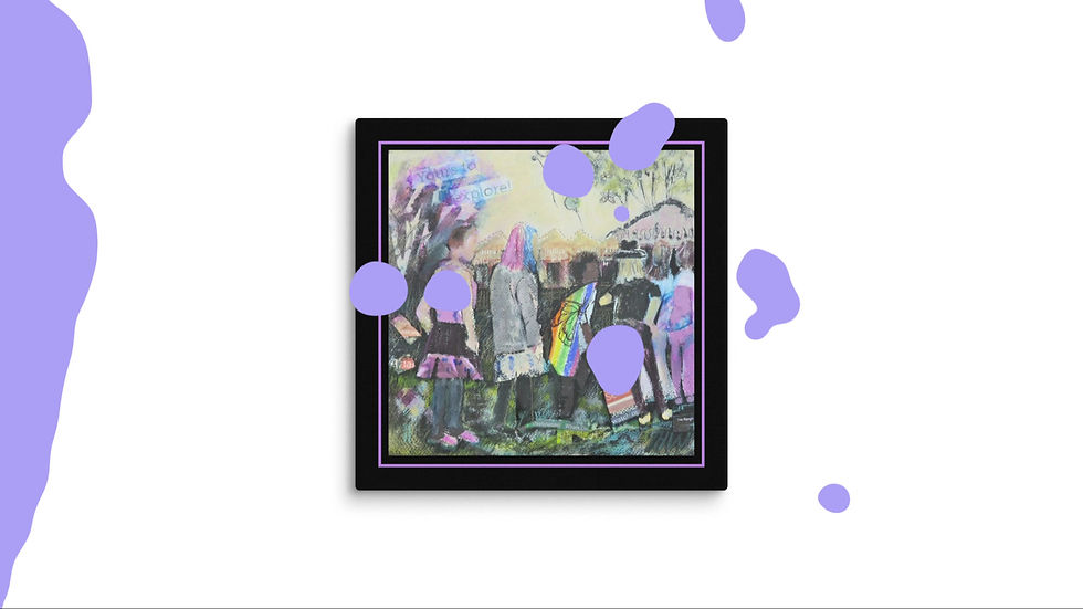 Thumbnail: A sixteen inch square, printed canvas with a bright attractive video promoting art by artist Julie H Winter.