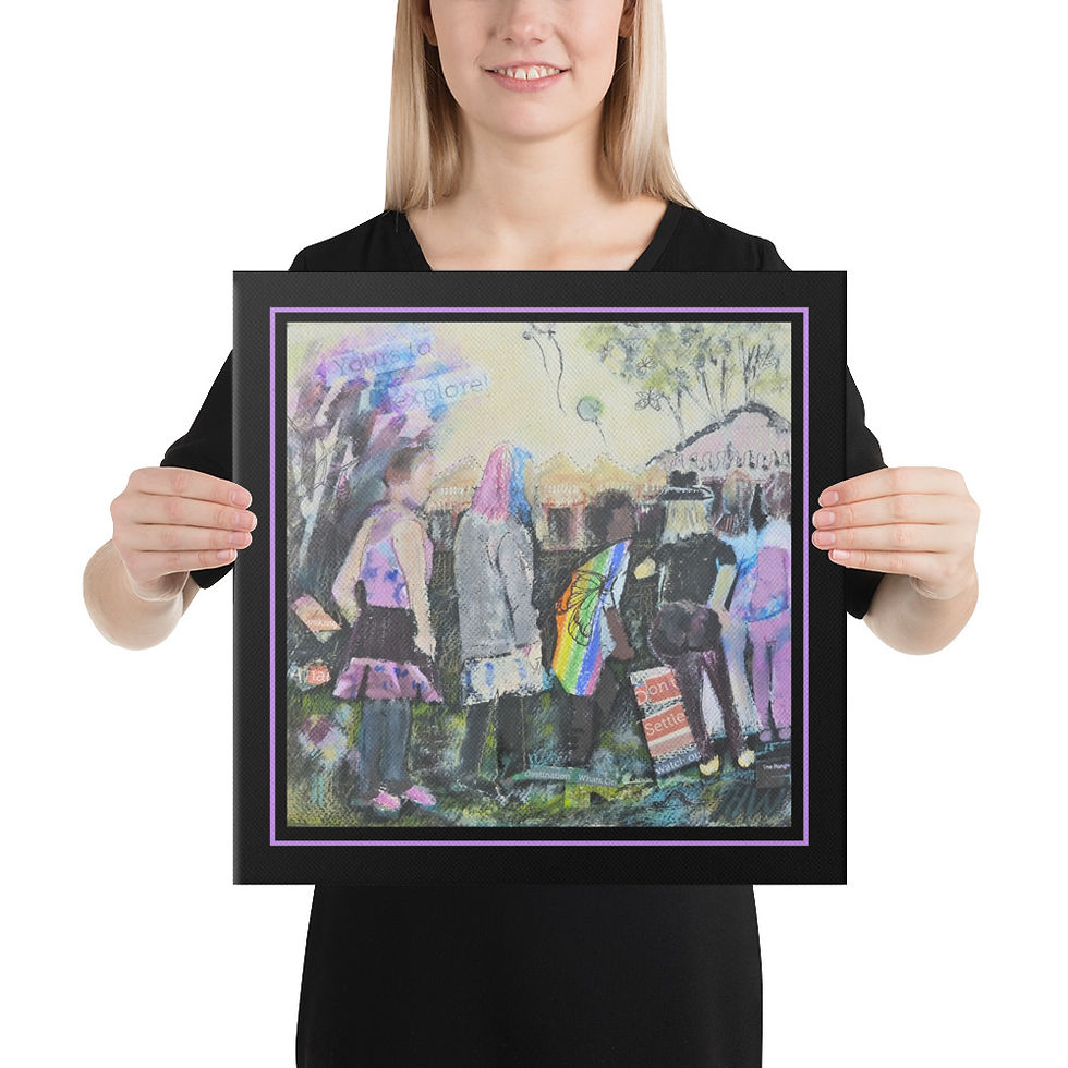 A blond woman in black clothes holding a sixteen inch square, printed canvas with a bright attractive image called Yours To