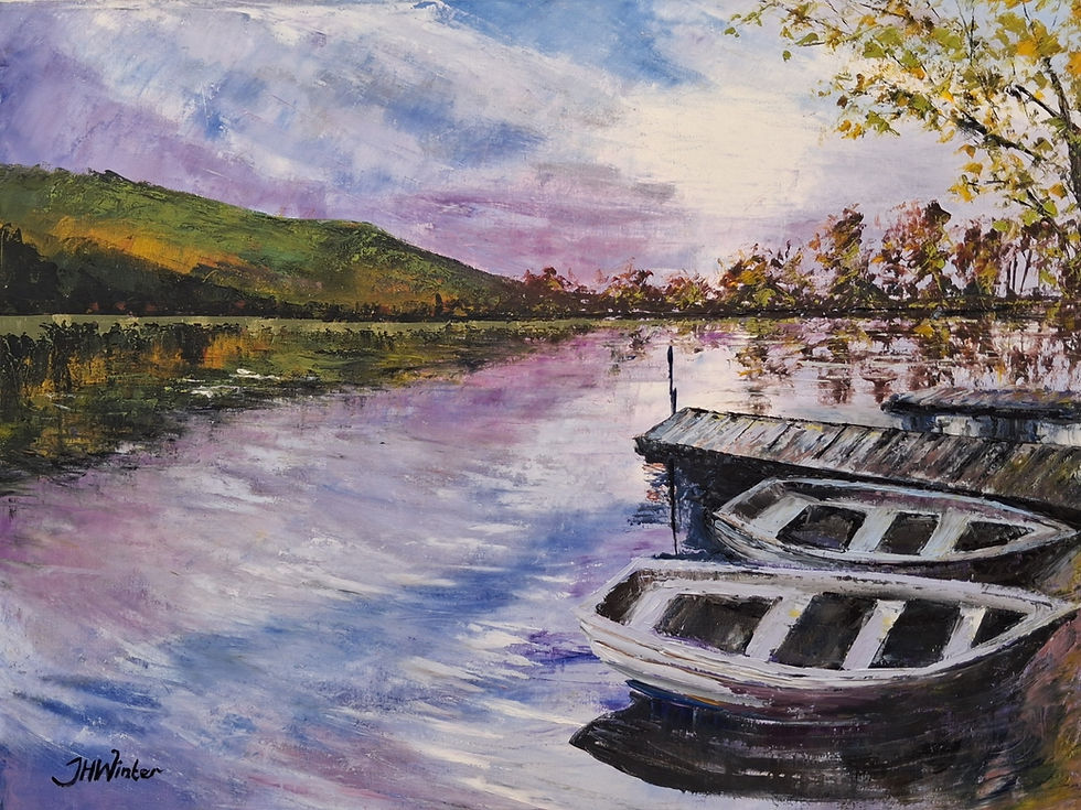 An oil painting of a dramatic sky and hills reflected in a Scottish loch, with empty boats begging to be boarded.