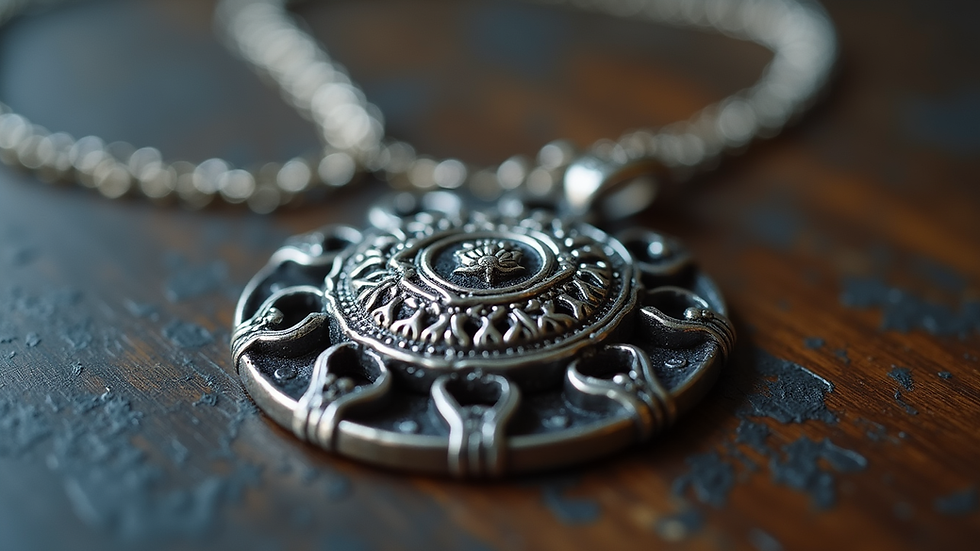 Close-up view of a handcrafted silver necklace with intricate details