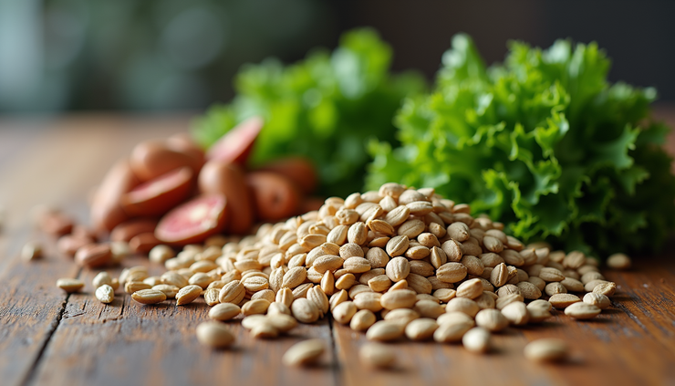 Close-up view of magnesium-rich foods including nuts, seeds, and leafy greens