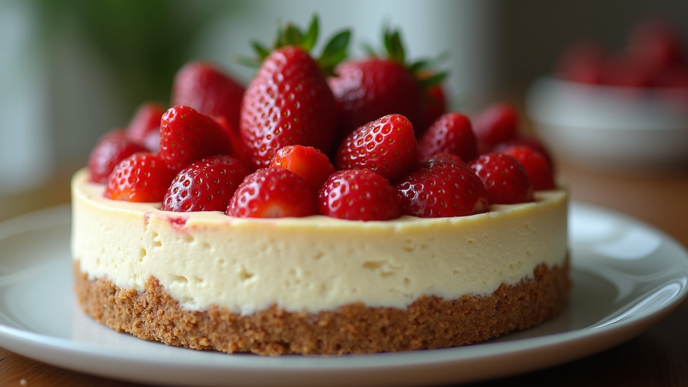 Eye-level view of a beautifully decorated cheesecake topped with fresh strawberries